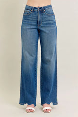 Judy Blue Full Size High Waist Tummy Control Chew Hem Destroy Wide Jeans Plus Size MD OutfitFlow