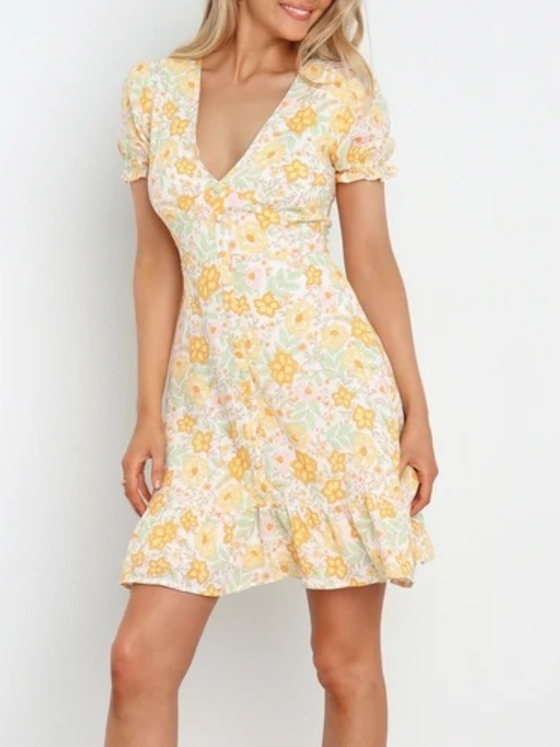 Ruffled Hem Printed Short Sleeve Mini Dress OutfitFlow