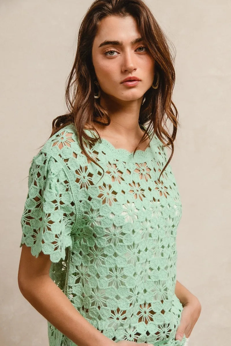 BiBi Openwork Crochet Short Sleeve Knit Top OutfitFlow