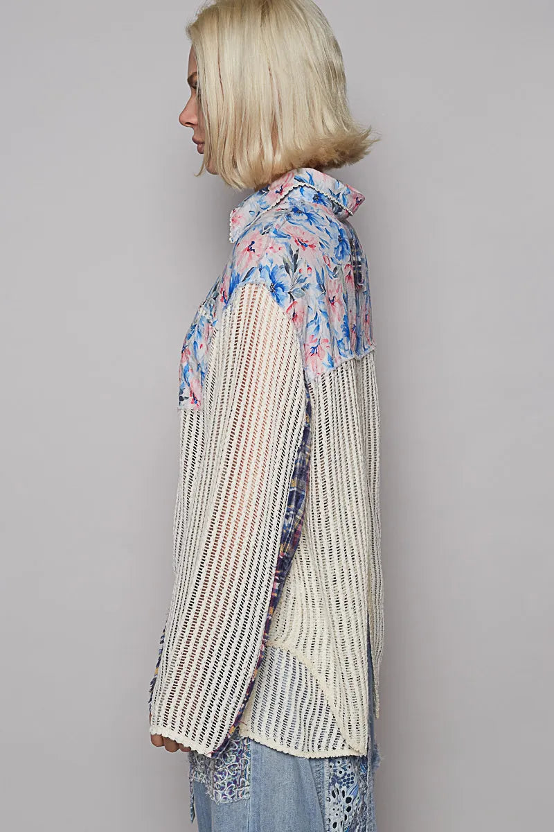 POL Floral Slit Back Plaid Patchwork Shirt OutfitFlow