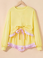Contrast Frill Hem Round Neck Top and Shorts Set OutfitFlow