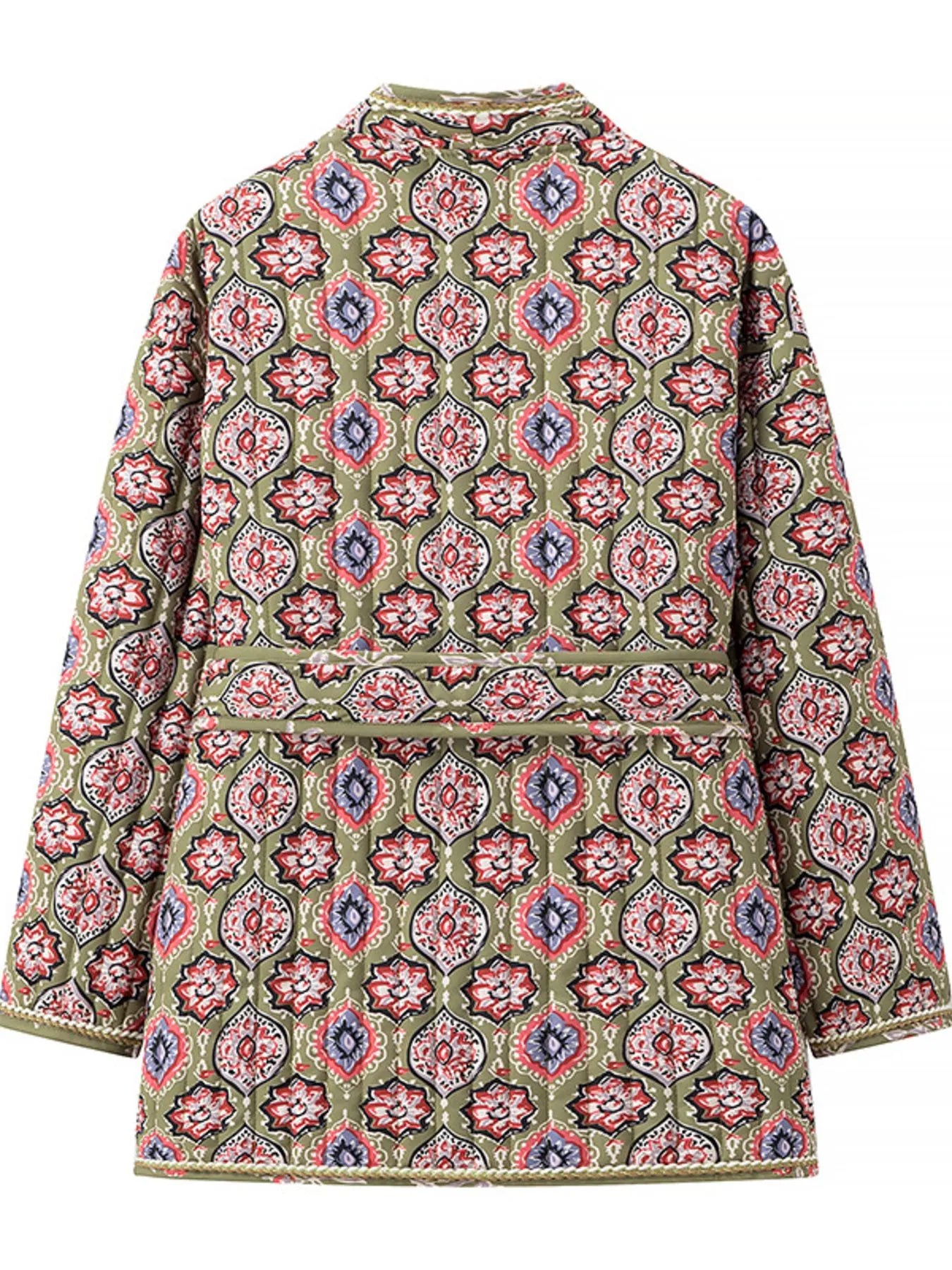Belted Open Front Floral Winter Coat Trendsi