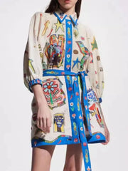 Printed Tie Waist Mini Shirt Dress Blue OutfitFlow