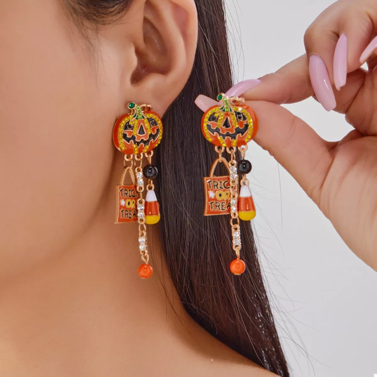 Halloween Rhinestone Pumpkin Drop Earrings Sherbet One Size OutfitFlow