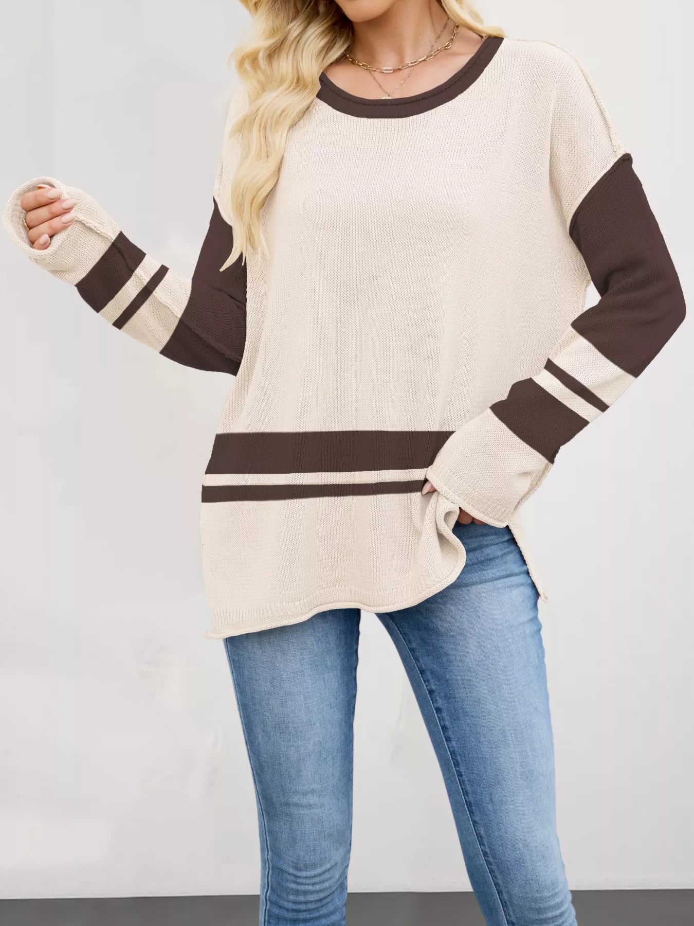 Color Block Side Slit Sweater Apricot OutfitFlow