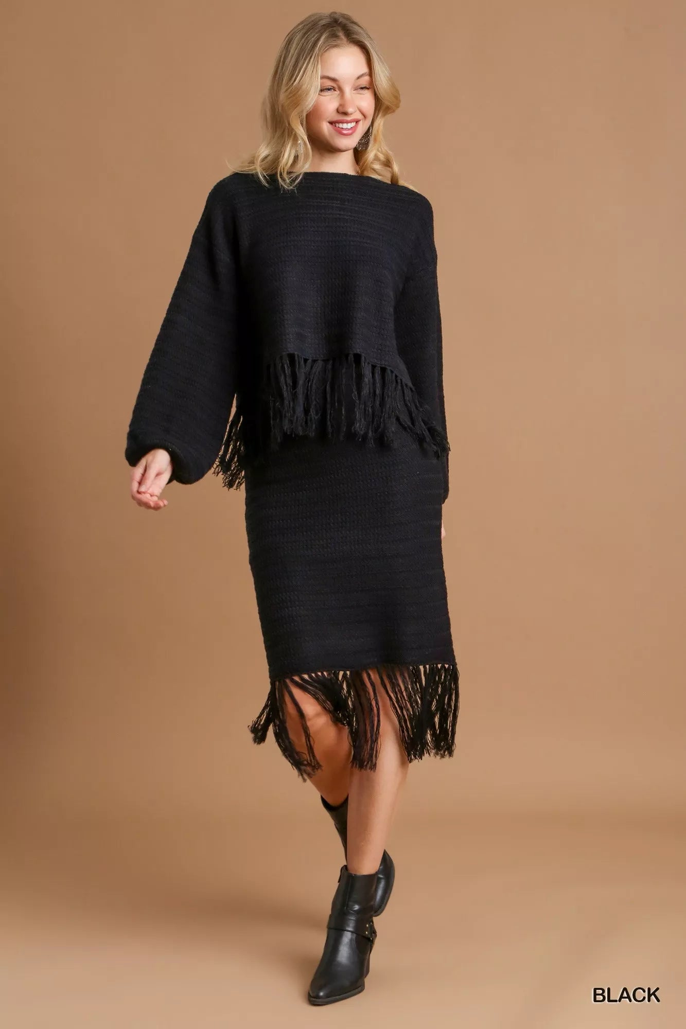 Umgee Crochet Knit Crop Top with Frey Hem OutfitFlow