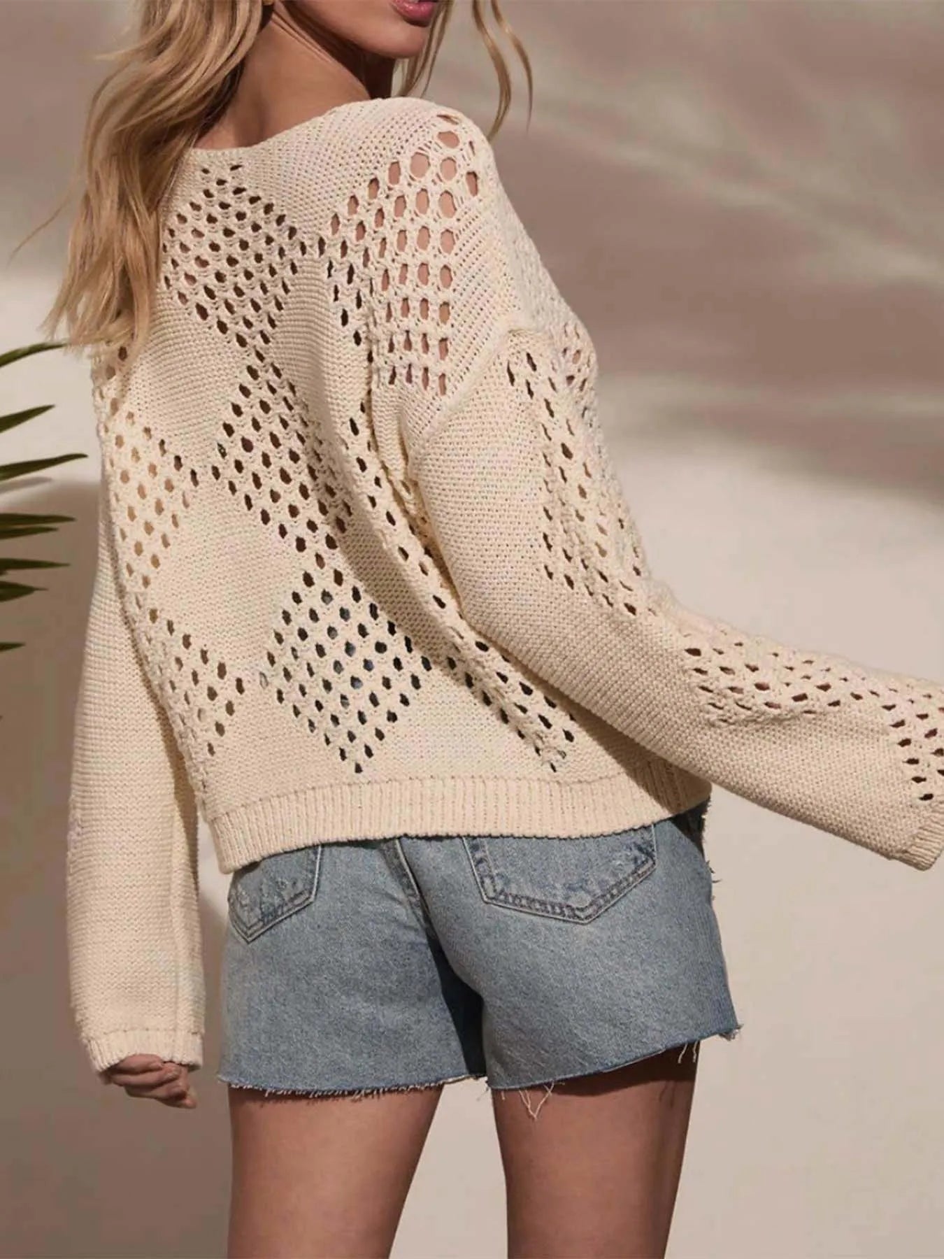 Openwork Boat Neck Long Sleeve Sweater OutfitFlow