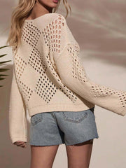 Openwork Boat Neck Long Sleeve Sweater OutfitFlow