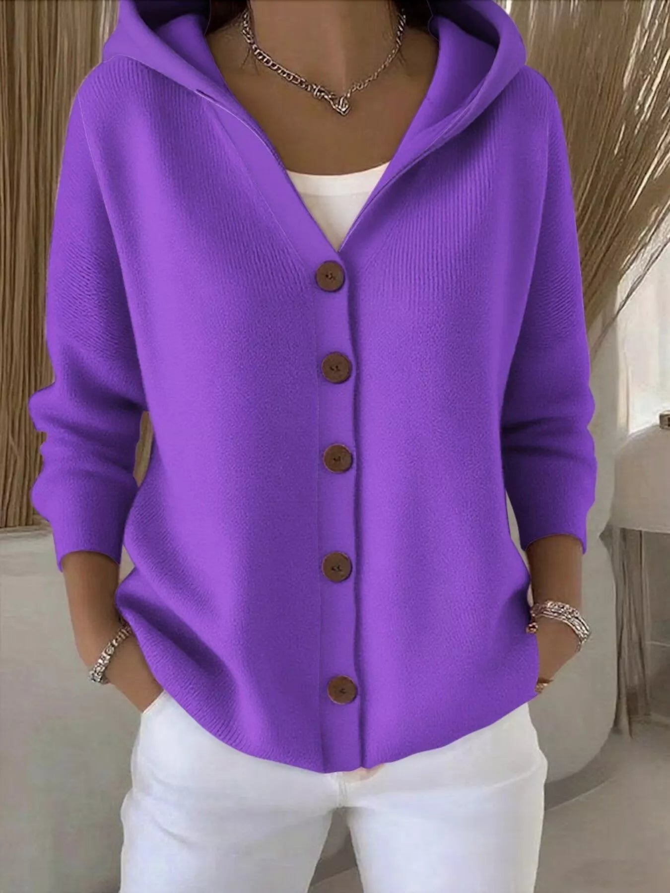 Full Size Hooded Button-Front Soft Knit Cardigan Plus Size Purple OutfitFlow