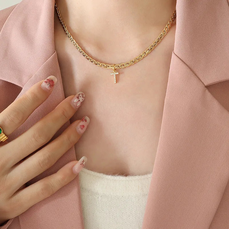 Brass Inlaid Zircon Letter Pendant Necklace Style T One Size OutfitFlow