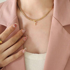 Brass Inlaid Zircon Letter Pendant Necklace Style T One Size OutfitFlow