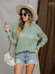 Eyelet Crochet Lantern Sleeve Sweater Trendsi