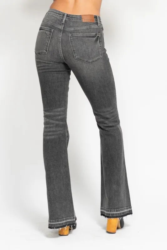 Judy Blue Full Size Mid Rise Tummy Control Washed Gray Release Hem Flare Jeans Plus Size OutfitFlow