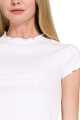 Zenana Cotton Modal Slub Lettuce Trimmed Cropped T-Shirt OutfitFlow