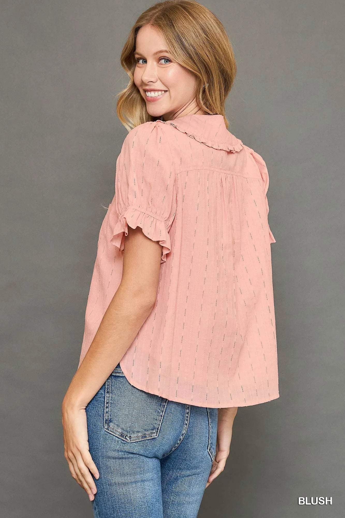 Peter Pan Collared Button Down Textured Shirt with Ruffled Detail Trendsi