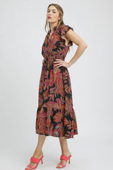 Umgee Mix Ruffle Sleeve Tropical Midi Dress OutfitFlow