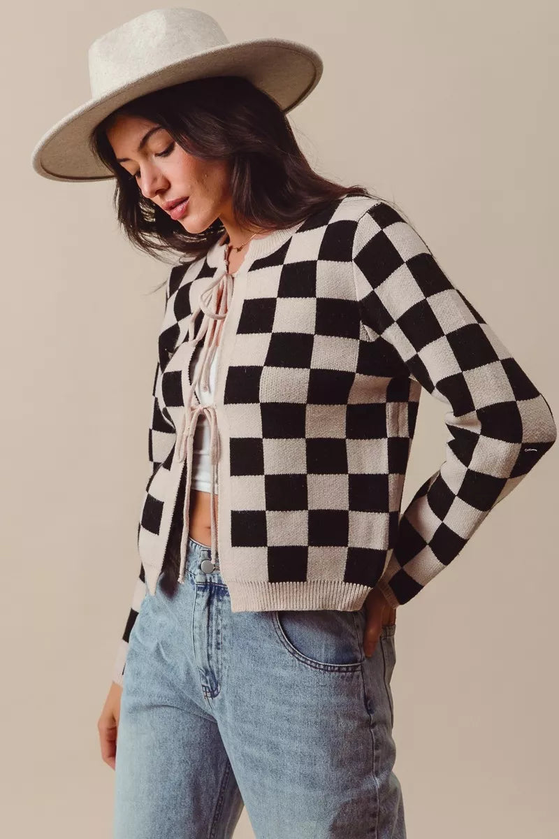 SO ME Tie Front Checkered Knitted Round Neck Cardigan Trendsi