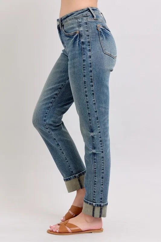 Judy Blue Full Size Mid Rise Vintage Wash Double Roll Cuff Boyfriend Jeans Plus Size OutfitFlow