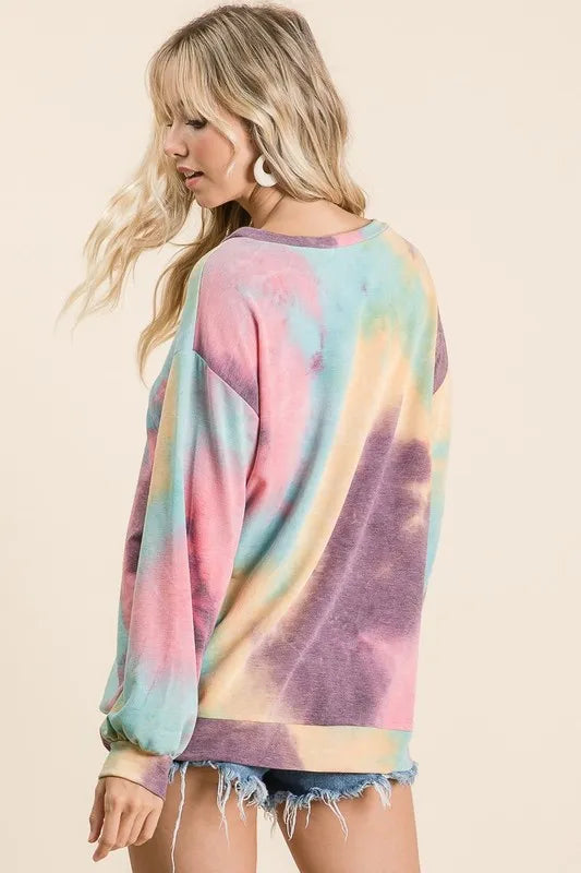 BiBi Tie Dye Print French Terry Sweatshirt OutfitFlow