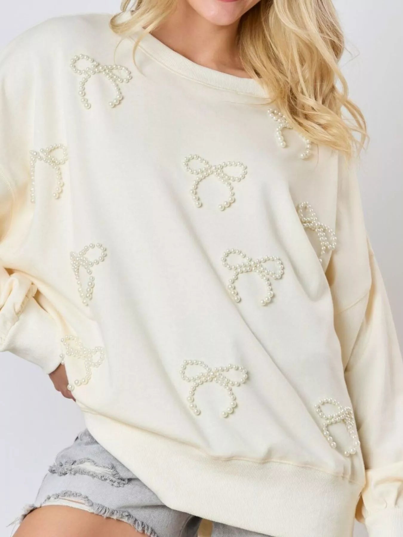 Pearl Embellished Bow Long Sleeve Sweatshirt Ivory OutfitFlow