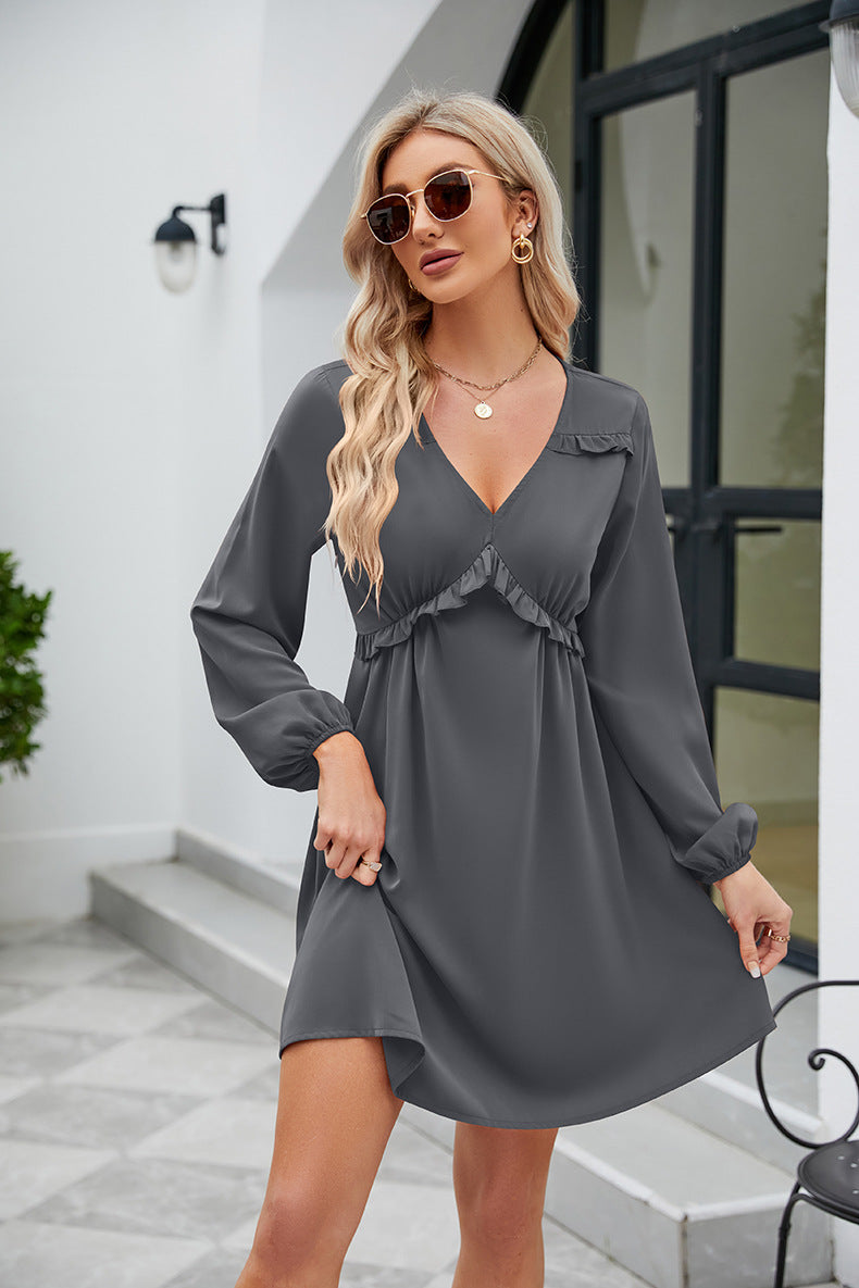 Frill Trim V-Neck Long Sleeve Dress Dark Gray OutfitFlow