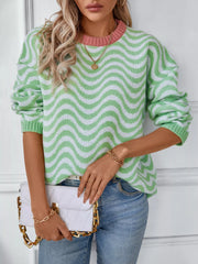 Wavy Striped Round Neck Sweater Gum Leaf Trendsi