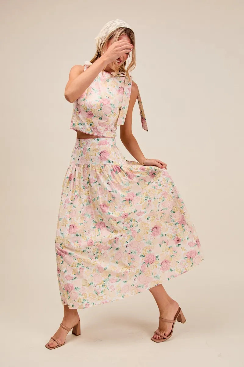 SO ME Floral Printed Woven Shoulder Bow Tie Top and Skirt Set OutfitFlow
