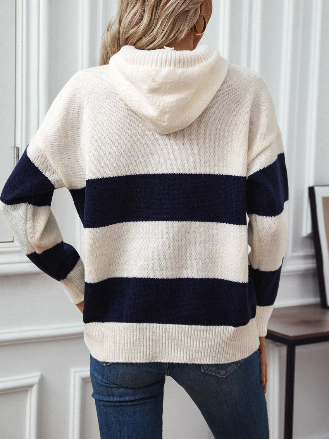 Outfit Flow - Drawstring Contrast Stripe Dropped Shoulder Hooded Sweater