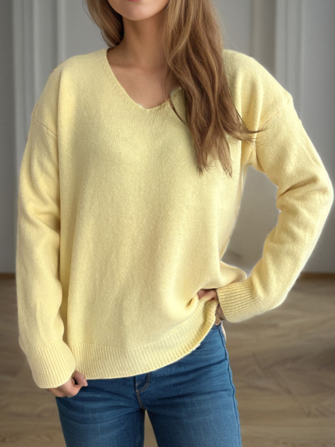 Outfit Flow - V-Neck Dropped Shoulder Long Sleeve Sweater