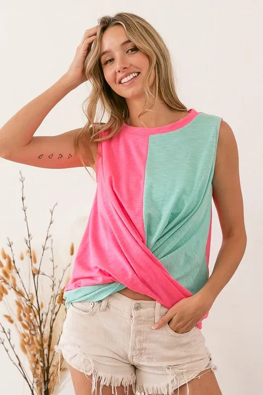 BiBi Slub Terry Color Block Twisted Top OutfitFlow