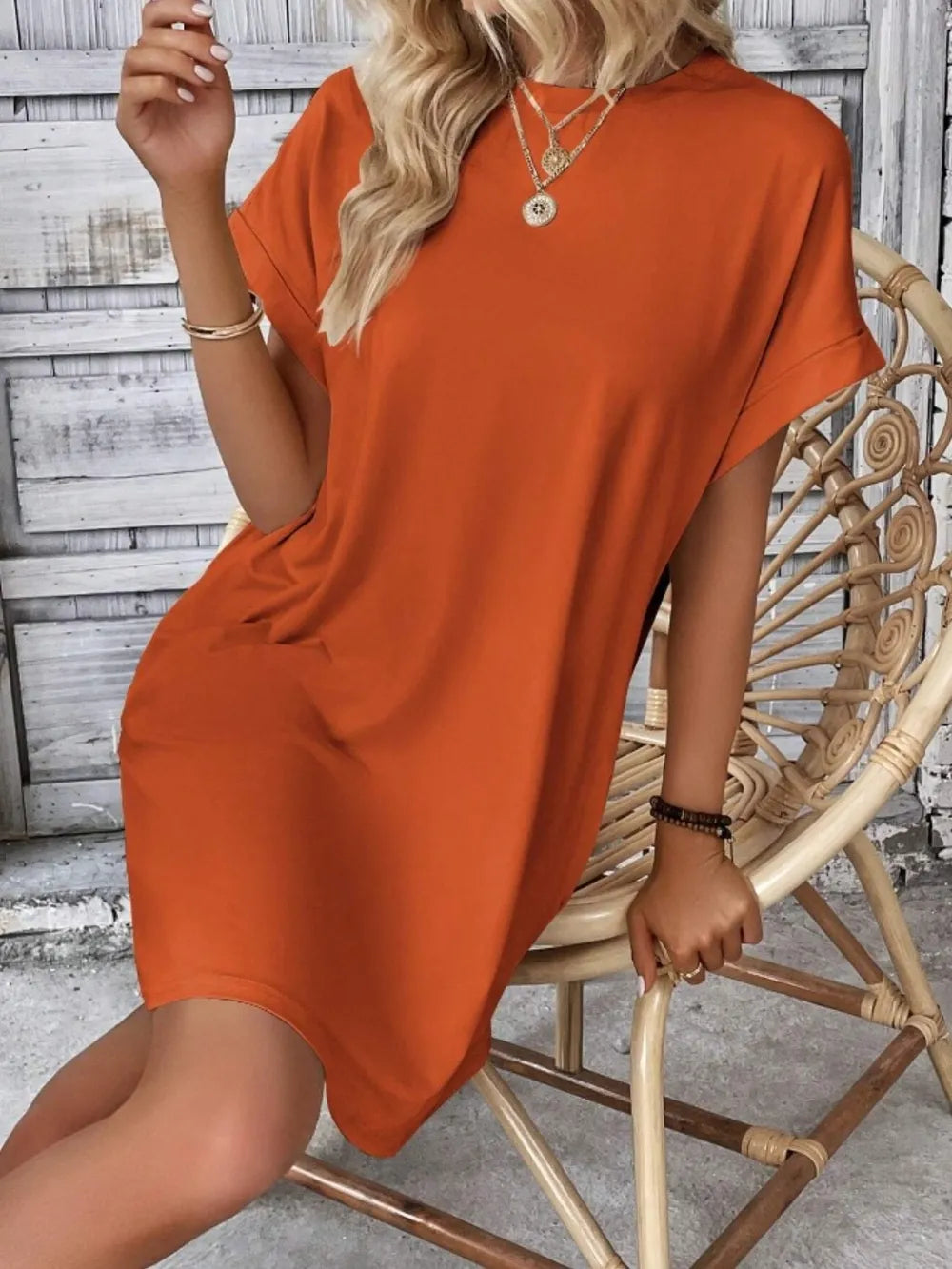 Pocketed Round Neck Short Sleeve Dress OutfitFlow