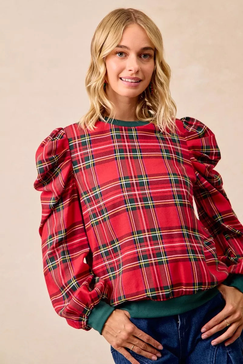 BiBi Christmas Plaid Exaggerated Shoulder Sleeves Top OutfitFlow