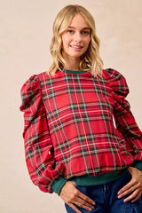 BiBi Christmas Plaid Exaggerated Shoulder Sleeves Top OutfitFlow