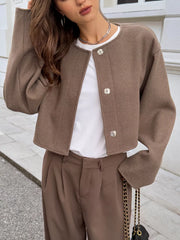 Button-Front Dropped Shoulder Cropped Jacket Camel Trendsi