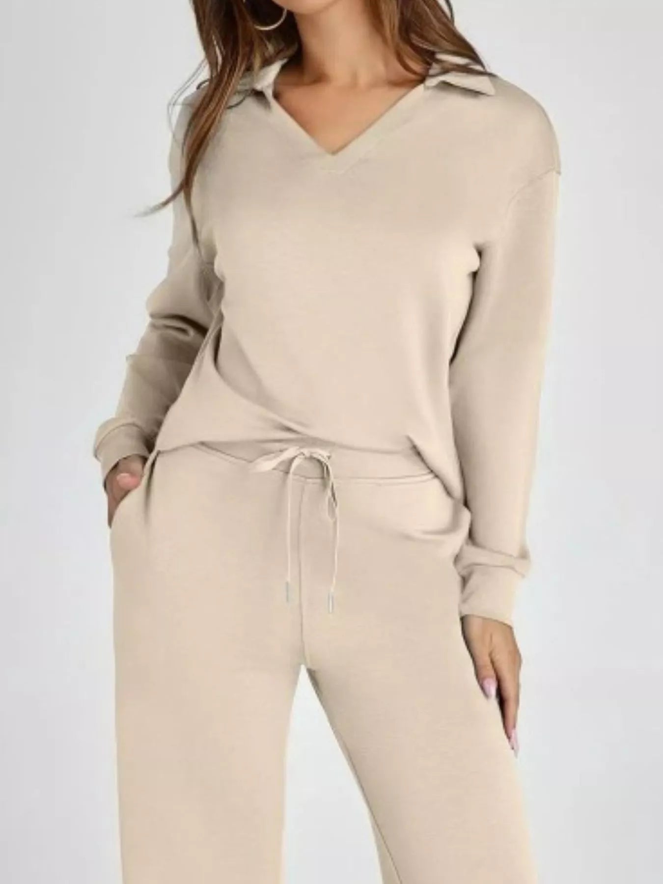 Full Size Johnny Collar Long Sleeve Top and Pants Plus Size OutfitFlow