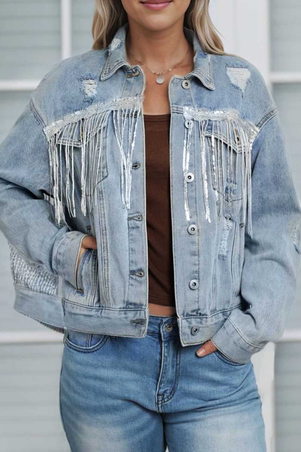 Outfit Flow - Sequin Fringe Trim Distressed Button Up Denim Jacket