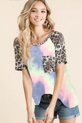 BiBi Tie Dye Knit Top with Leopard Raglan Sleeves OutfitFlow