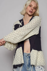POL Color Block Printed Frayed Hem Hooded Shacket OutfitFlow
