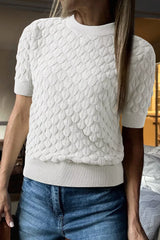 Textured Knit Short Sleeve Pullover White OutfitFlow