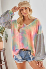 BiBi V Neck Tie Dye French Terry Top with Shiny Trendsi