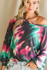 BiBi Tie Dye Print Terry Top with Puff Sleeves OutfitFlow