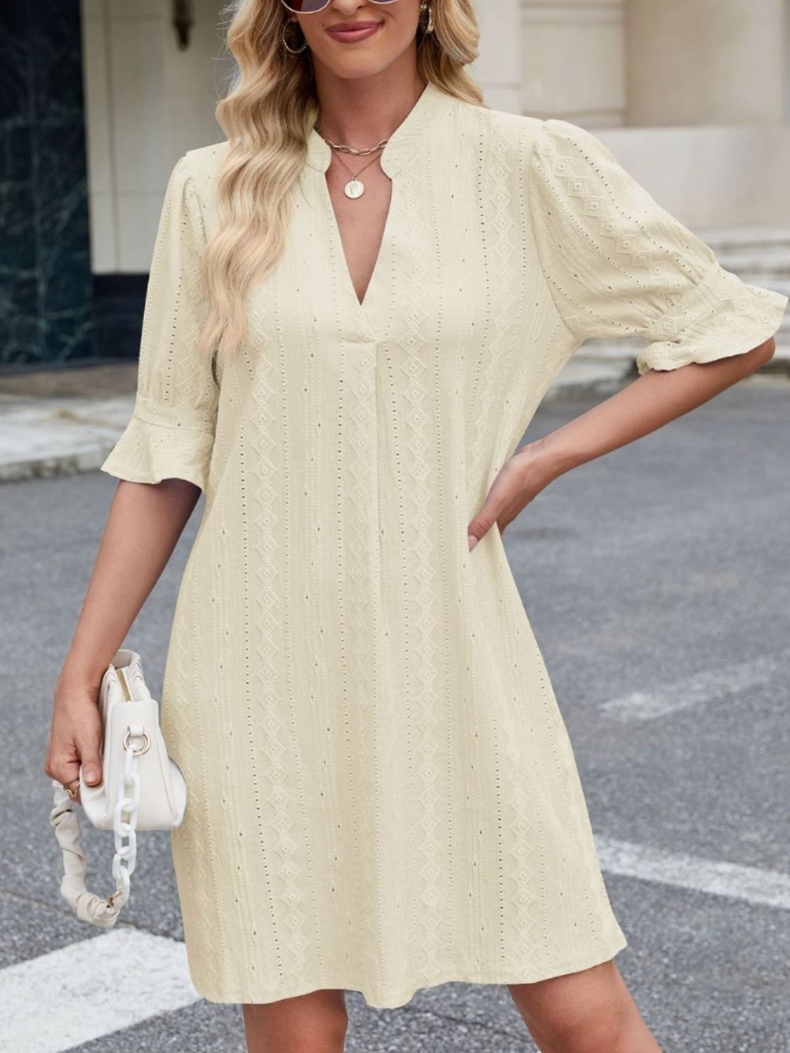 Eyelet Flounce Sleeve Mini Dress OutfitFlow