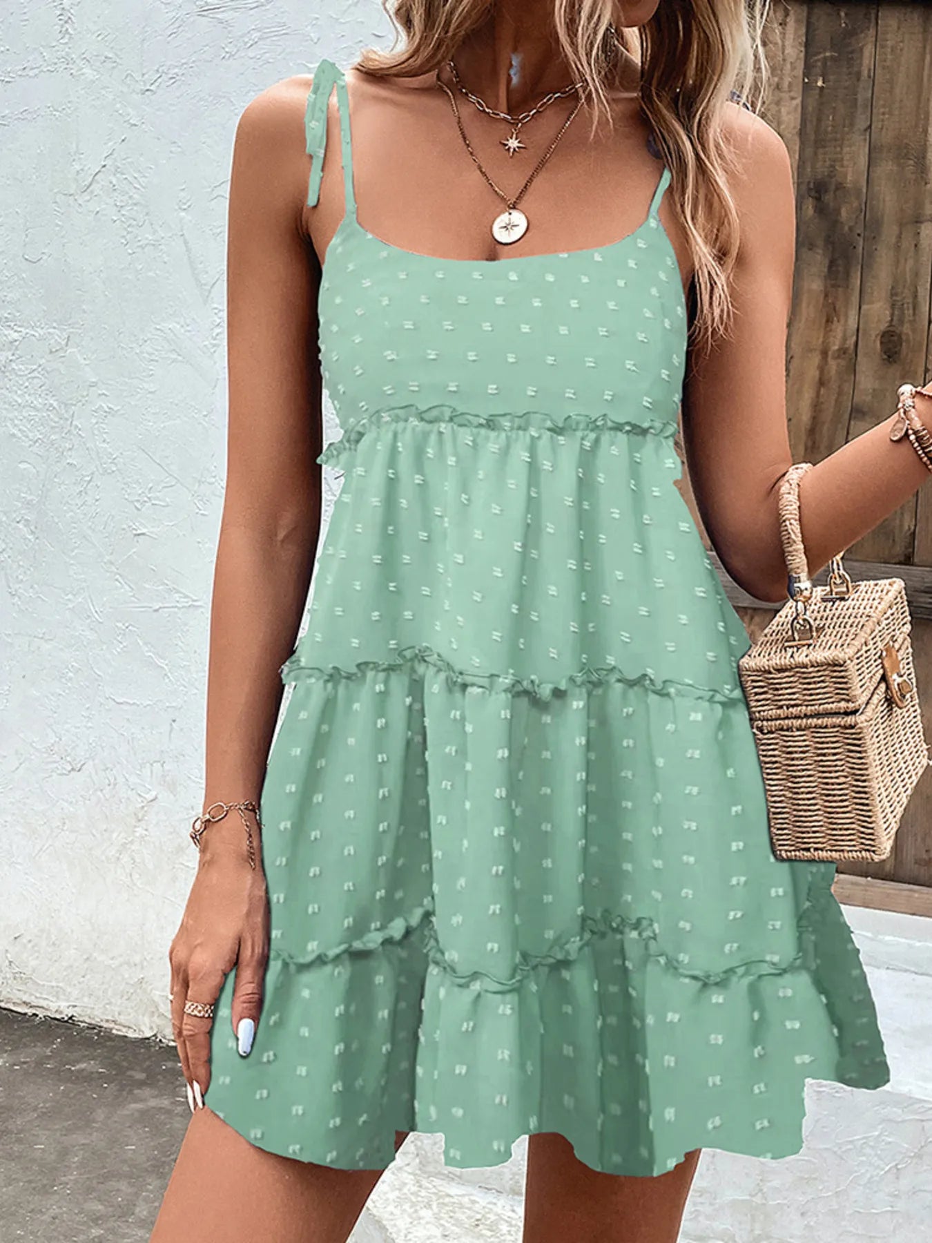 Frill Tiered Swiss Dot Cami Dress Gum Leaf OutfitFlow