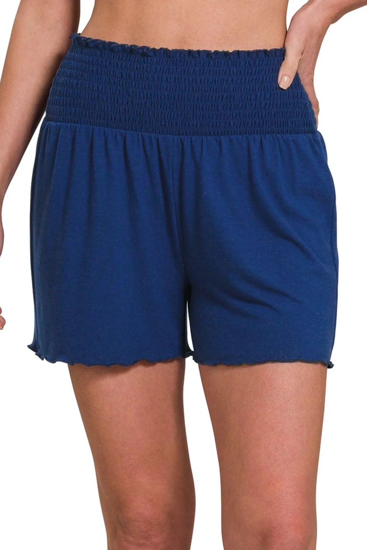 Zenana Elastic Waist Smocked Shorts LT NAVY OutfitFlow