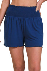 Zenana Elastic Waist Smocked Shorts LT NAVY OutfitFlow