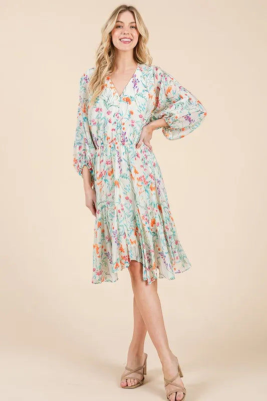 Lime 'N' Chili Floral Cinched Waist Balloon Sleeve V-Neck Dress OutfitFlow