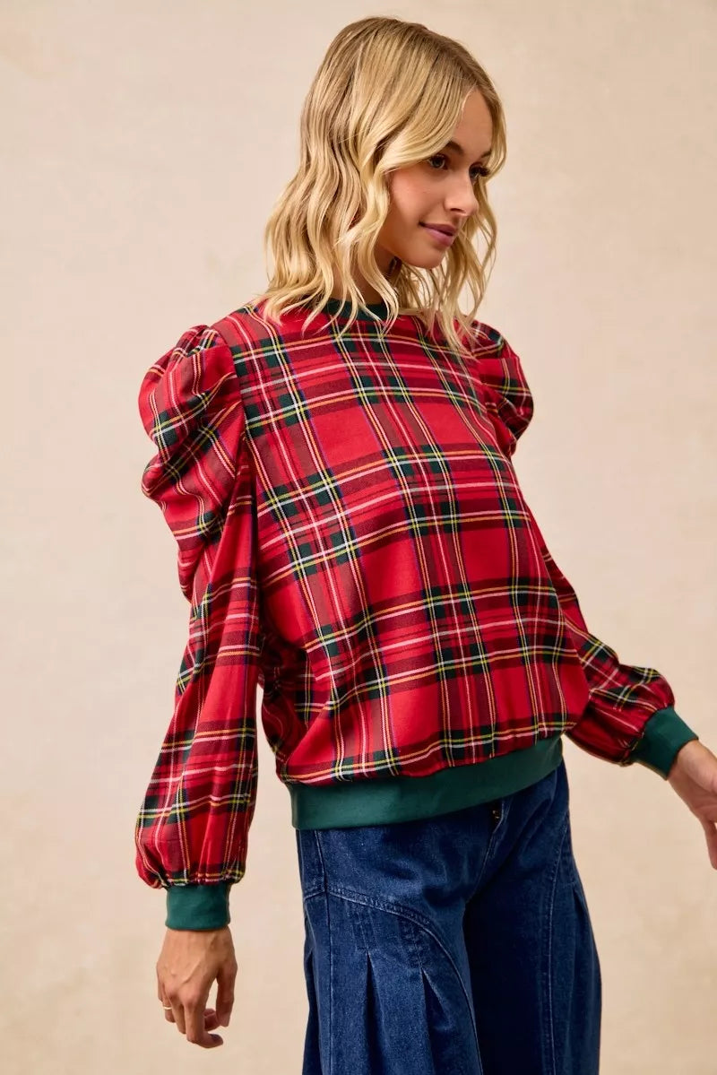 BiBi Christmas Plaid Exaggerated Shoulder Sleeves Top OutfitFlow