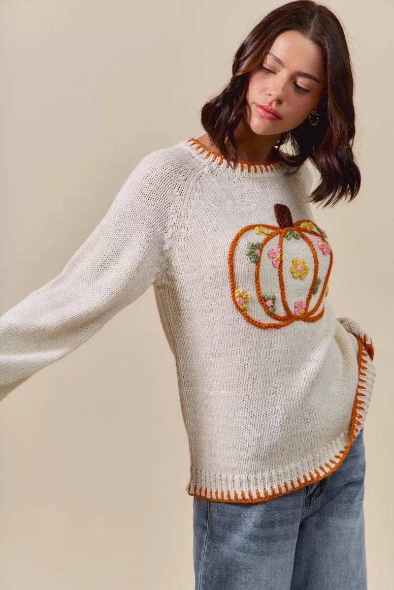 SO ME Pumpkin Floral Embroidered Thanksgiving Sweater OutfitFlow