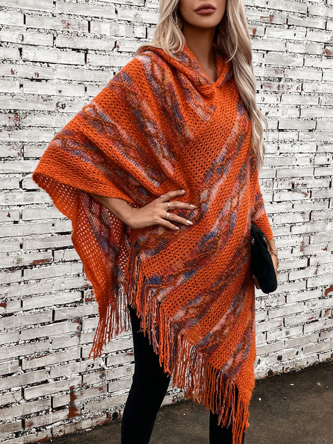 Outfit Flow - Fringe Contrast Hooded Poncho