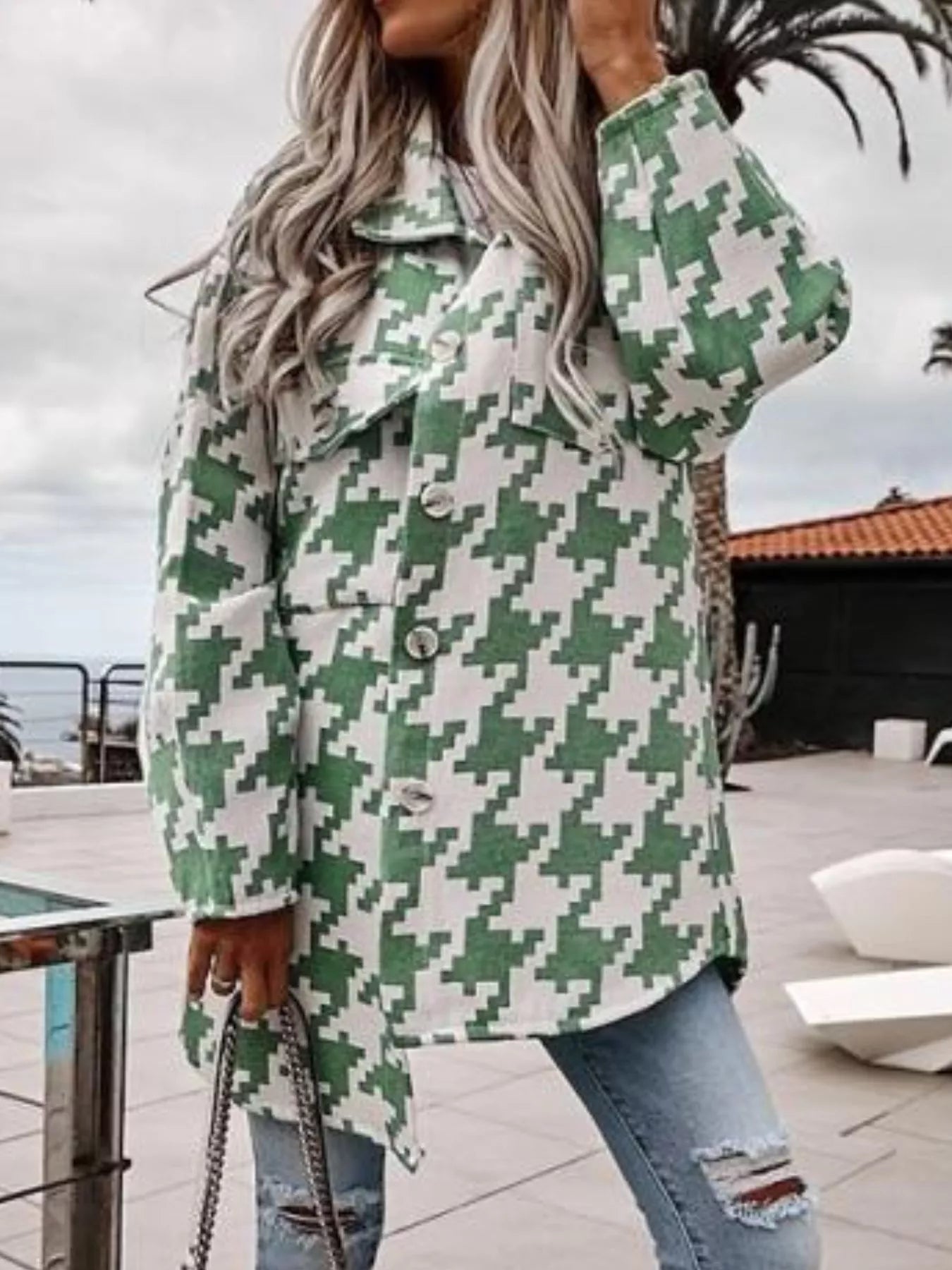 Houndstooth Button Up Long Sleeve Outerwear OutfitFlow